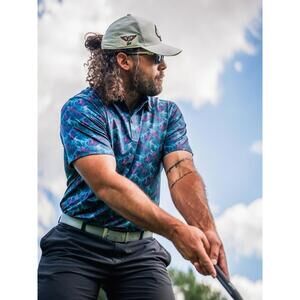 Pins & Aces Men’s Sz L Swordfish Skelly SPF 45 Breathable Golf Outdoor Polo